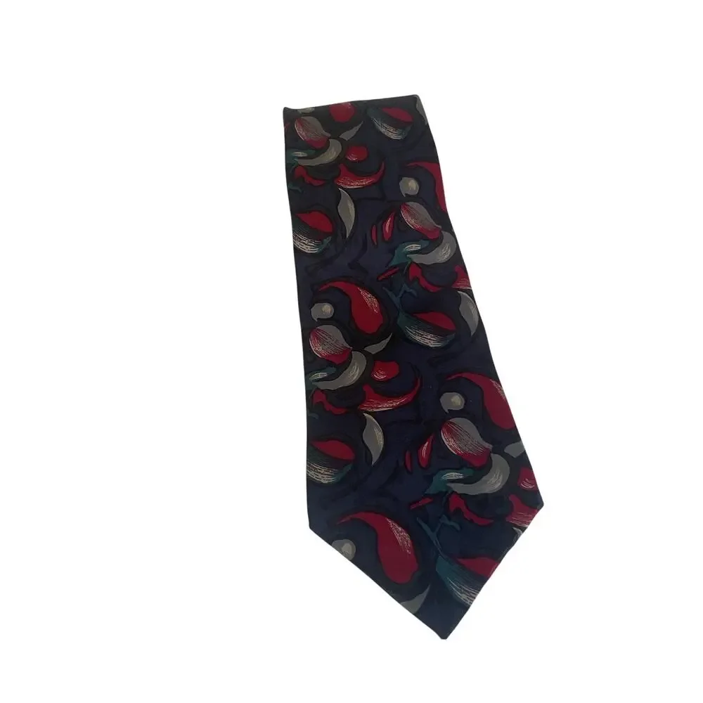 Vintage Geoffrey Beene Men’s 100% Silk Tie Navy Red Teal Abstract Print Necktie